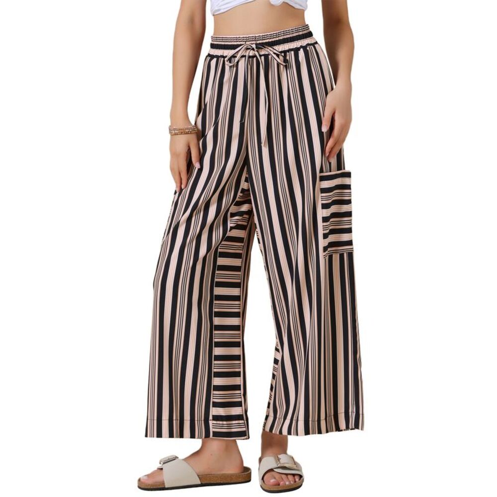 Women Casual Striped Wide Leg Elastic Waist Drawstring Pants Black Brown